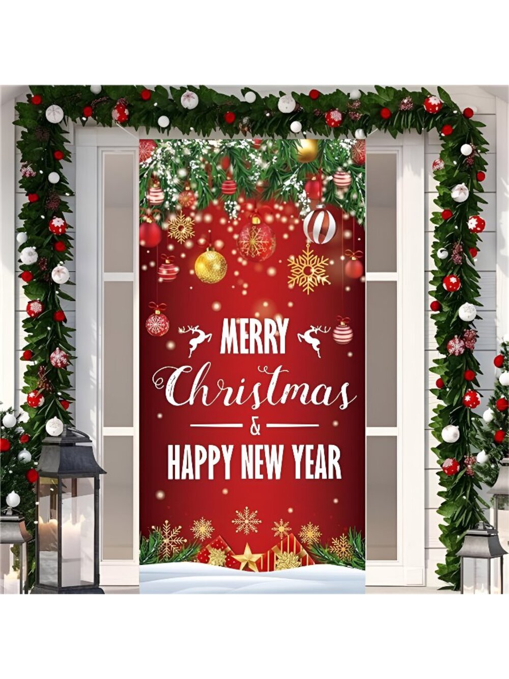 Merry Christmas Door Cover, 3 x 6.6ft Xmas Front Door Banner with Ornament Ball